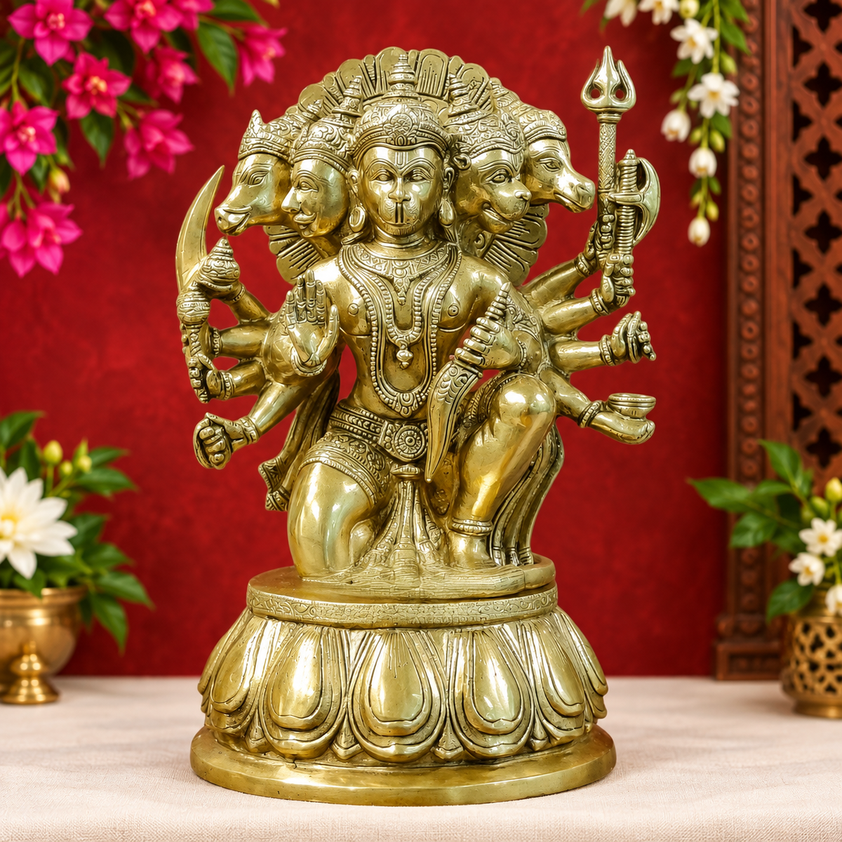 ब्रॉसॉरा™ हस्तनिर्मित अति सुंदर पीतल पंचमुखी हनुमान मूर्ति – ऊंचाई 13.5 इंच और वज़न 9 किलोग्राम | ऊष्मा-उपचारित सुनहरी स्थायी फ़िनिश