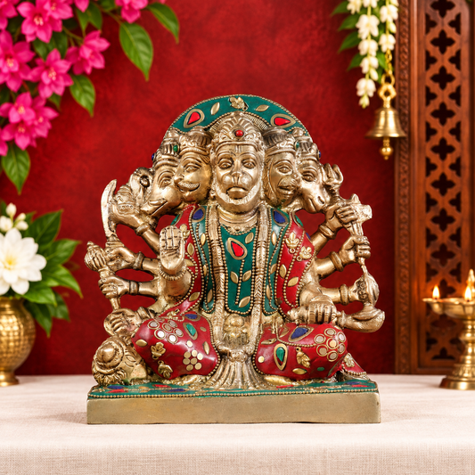 ब्रसौड़ा™ पंचमुखी हनुमान प्रतिमा | जटिल विवरण के साथ शुद्ध पीतल | ऊंचाई 7.5 इंच और वजन 3.7 किलोग्राम