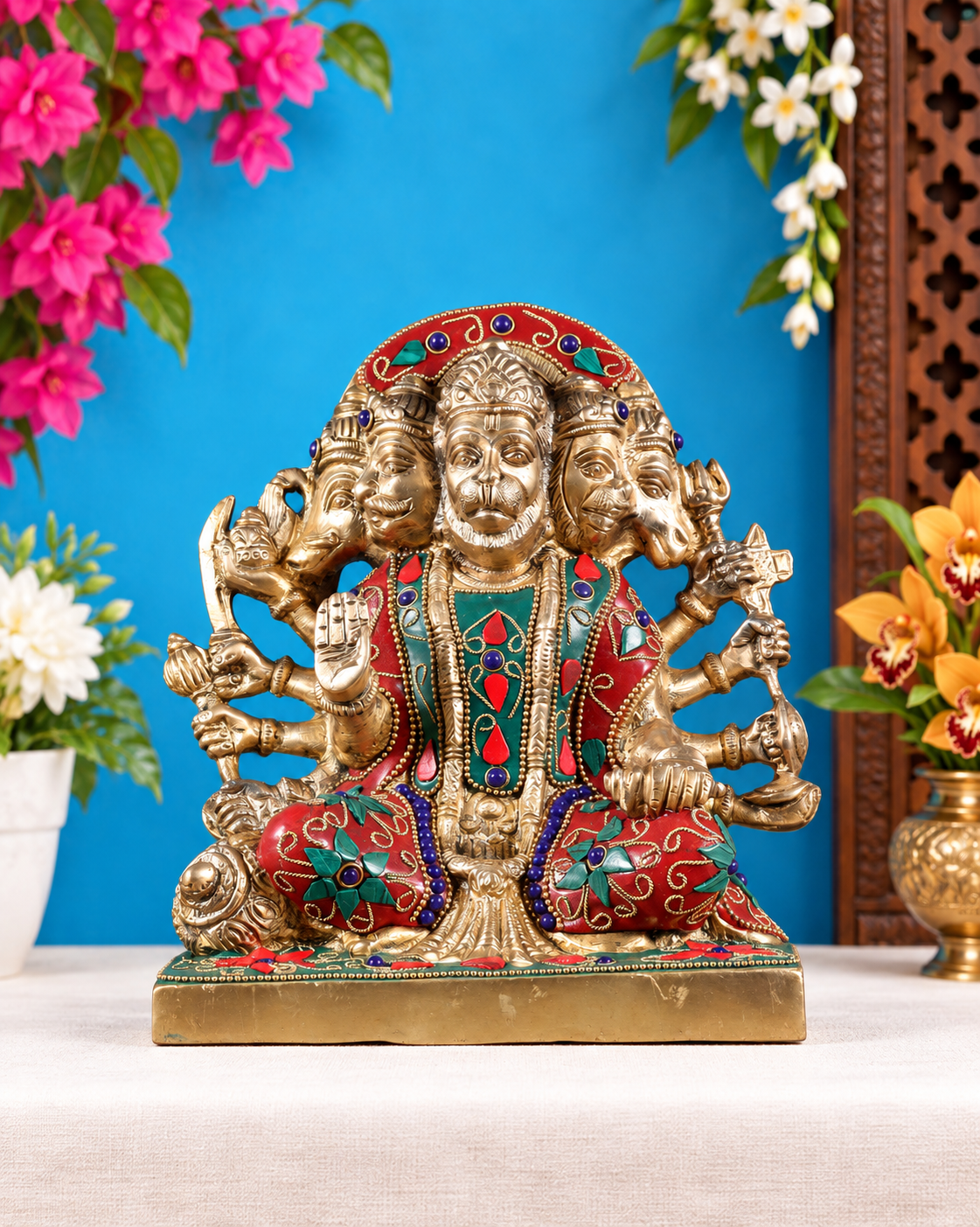 Brassaura® Panchmukhi Hanuman Seated Blessing Idol with Meenakari Stonework Finish | Pure Superfine Brass Handcrafted Murti | Brass Statue for Home Temple, Pooja Room | Height 7.5 Inches | Weight 3.7 Kgs