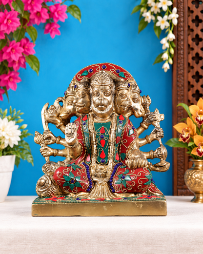 Brassaura® Panchmukhi Hanuman Seated Blessing Idol with Meenakari Stonework Finish | Pure Superfine Brass Handcrafted Murti | Brass Statue for Home Temple, Pooja Room | Height 7.5 Inches | Weight 3.7 Kgs