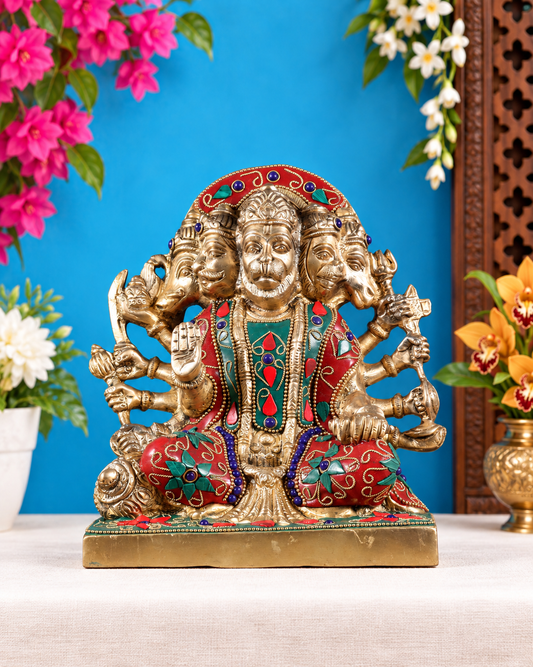 ब्रासौर™ पंचमुखी हनुमान प्रतिमा | शुद्ध पीतल मीनाकारी स्टोनवर्क के साथ | ऊँचाई 7.5 इंच और वज़न 3.7 किलोग्राम