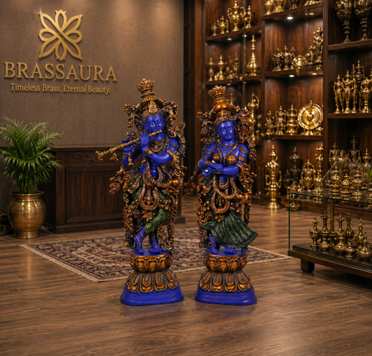 Brassaura® Brass Radha & Krishna Hand Painted Idol | Height 29 Inches