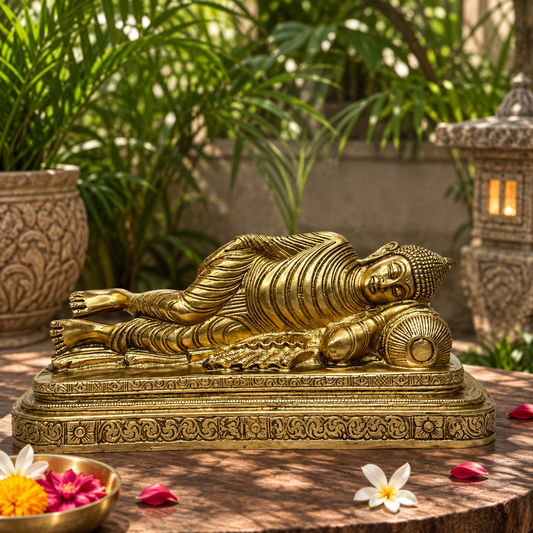 Brassaura® Reclining Buddha Decorative Showpiece with Antique Finish | Pure Superfine Brass Handcrafted Murti | Brass Statue for Home Temple, Pooja Room | Height 4.13 Inches | Weight 2.5 Kgs