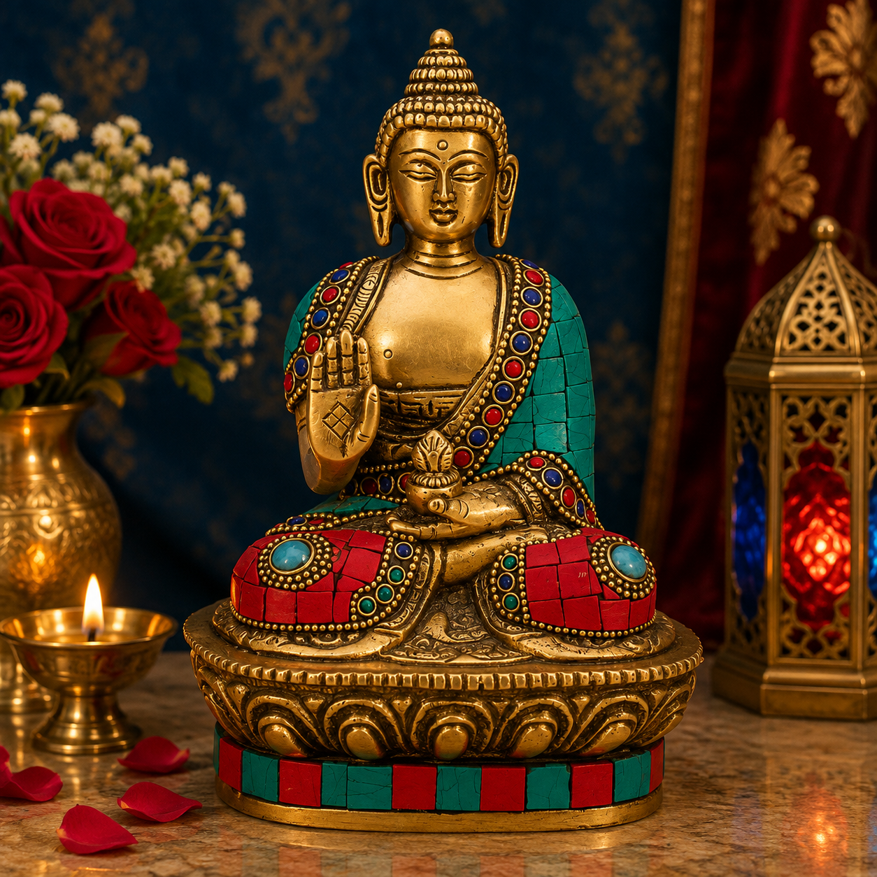 Brassaura® Buddha Vitarka Mudra Sitting Idol with Multi-Color Finish | Pure Superfine Brass Handcrafted Murti | Brass Statue for Home Temple, Pooja Room | Height 6 Inches | Weight 1 kg