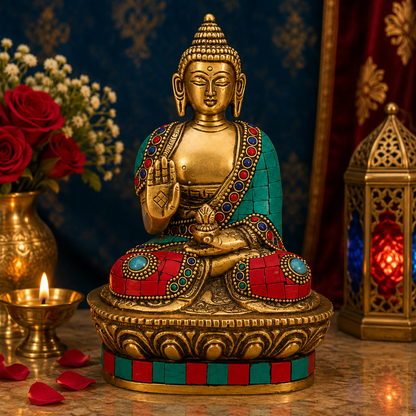 Brassaura® Buddha Vitarka Mudra Sitting Idol with Multi-Color Finish | Pure Superfine Brass Handcrafted Murti | Brass Statue for Home Temple, Pooja Room | Height 6 Inches | Weight 1 kg