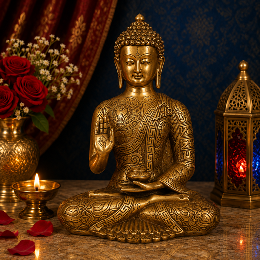 Brassaura® Gautam Buddha Sitting Meditation Idol with Antique Finish | Pure Superfine Brass Handcrafted Murti | Brass Statue for Home Temple, Pooja Room | Height 12 Inches | Weight 6 Kgs