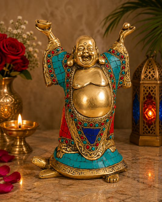 Brassaura® Feng Shui Laughing Buddha Standing on Tortoise with Colour Gem Stone Finish | Pure Superfine Brass Handcrafted Murti | Brass Statue for Home Temple, Pooja Room | Height 9 Inches | Weight 2.6 Kgs