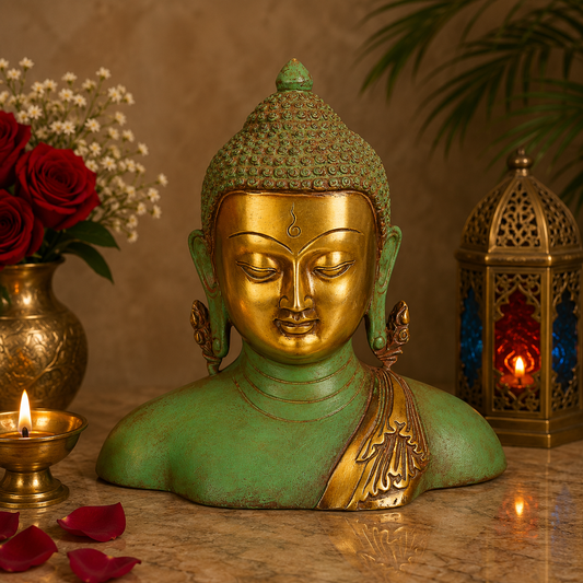 Brassaura® Buddha Bust Idol with Green & Gold Finish | Pure Superfine Brass Handcrafted Murti | Brass Statue for Home Temple, Pooja Room | Height 4.7 Inches | Weight 1.5 Kgs
