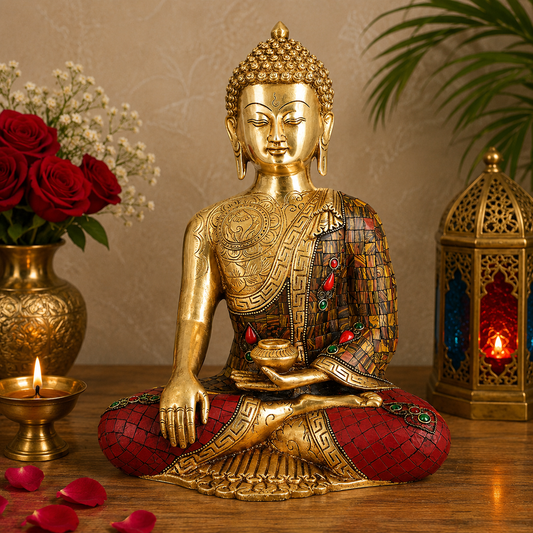 Brassaura® Buddha Sitting Meditation Idol with Multi-Color Stone Finish | Pure Superfine Brass Handcrafted Murti | Brass Statue for Home Temple, Pooja Room | Height 12 Inches | Weight 6 Kgs