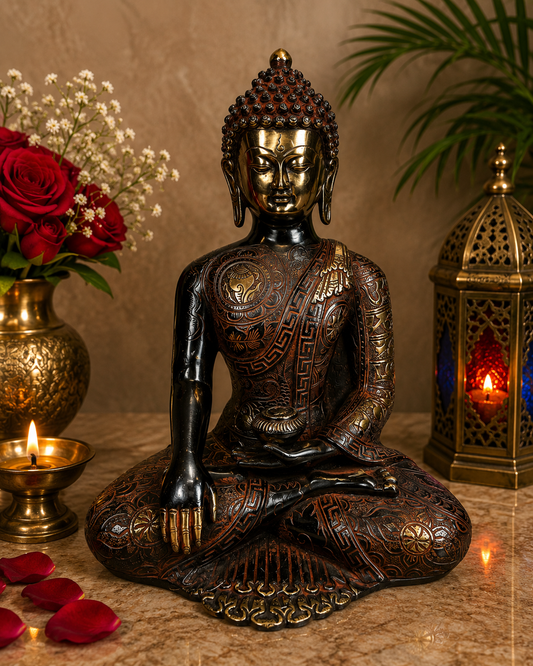 Brassaura® Buddha Sitting Meditation Idol with Black & Antique Finish | Pure Superfine Brass Handcrafted Murti | Brass Statue for Home Temple, Pooja Room | Height 12 Inches | Weight 6 Kgs
