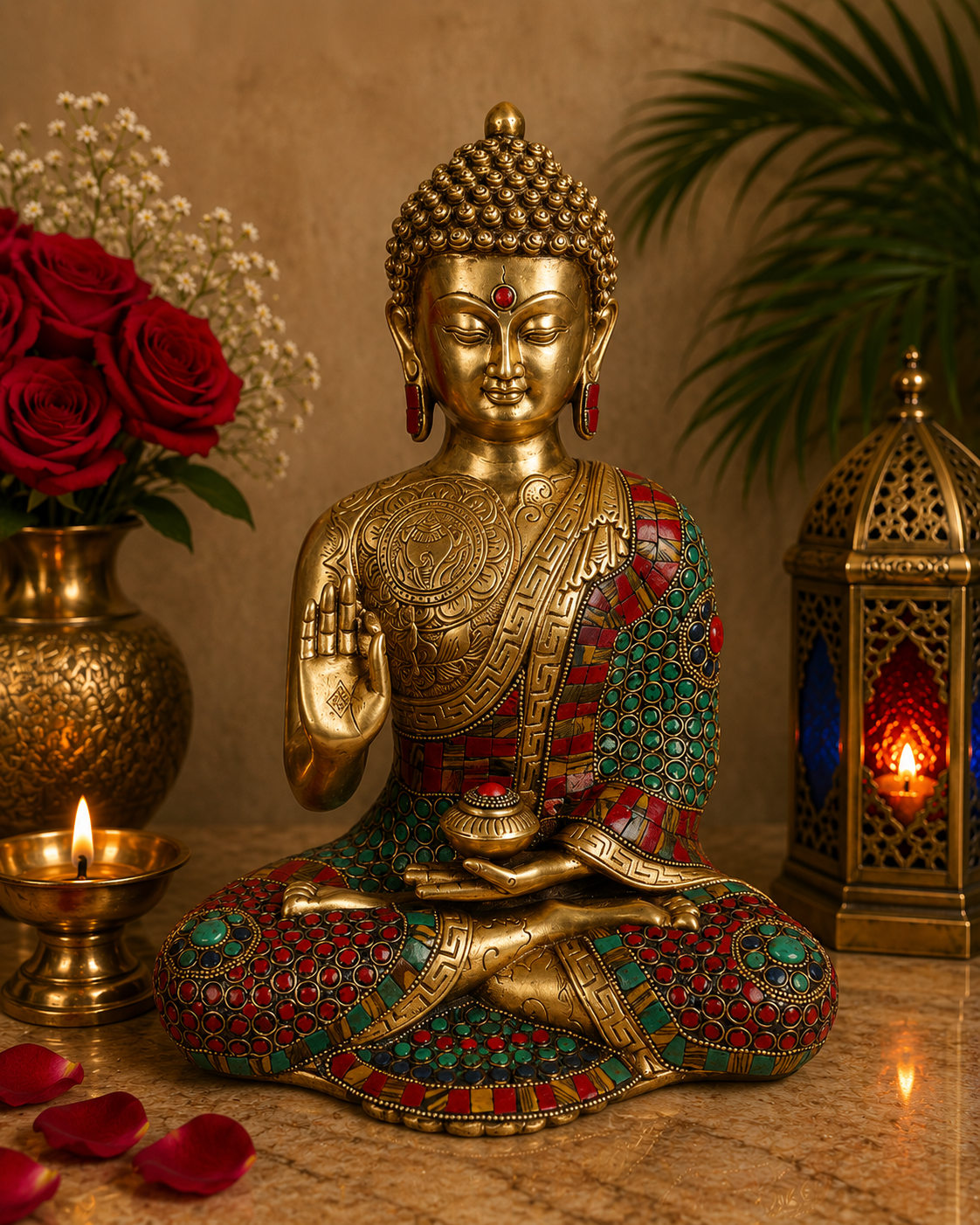 Brassaura® Buddha Sitting Meditation Idol with Multi-Color Stone Finish | Pure Superfine Brass Handcrafted Murti | Brass Statue for Home Temple, Pooja Room | Height 12 Inches | Weight 6 Kgs