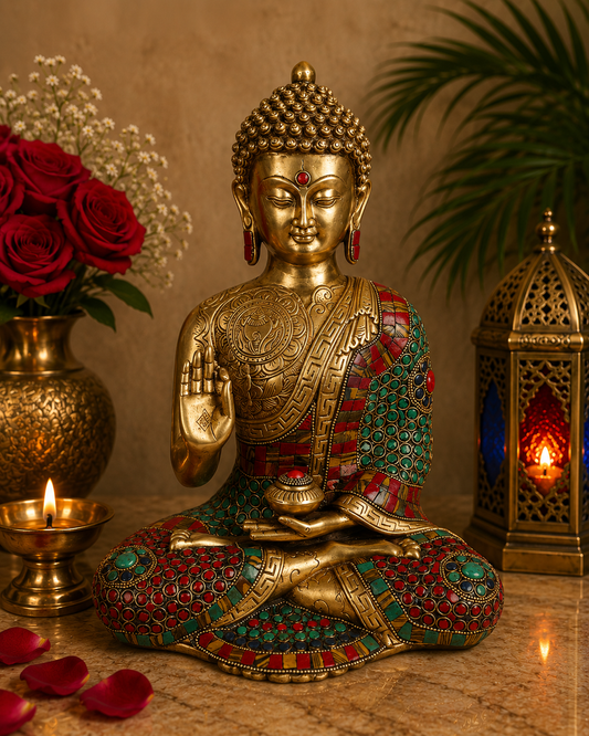 Brassaura® Buddha Sitting Meditation Idol with Multi-Color Stone Finish | Pure Superfine Brass Handcrafted Murti | Brass Statue for Home Temple, Pooja Room | Height 12 Inches | Weight 6 Kgs