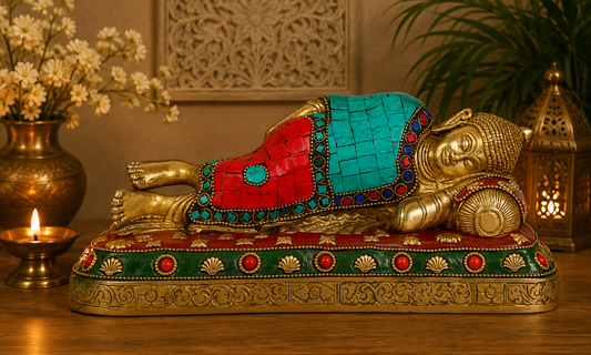 Brassaura® Buddha Reclining Idol with Multi-Color Stone Finish | Pure Superfine Brass Handcrafted Murti | Brass Statue for Home Temple, Pooja Room | Height 4.1 Inches | Weight 2.5 Kgs