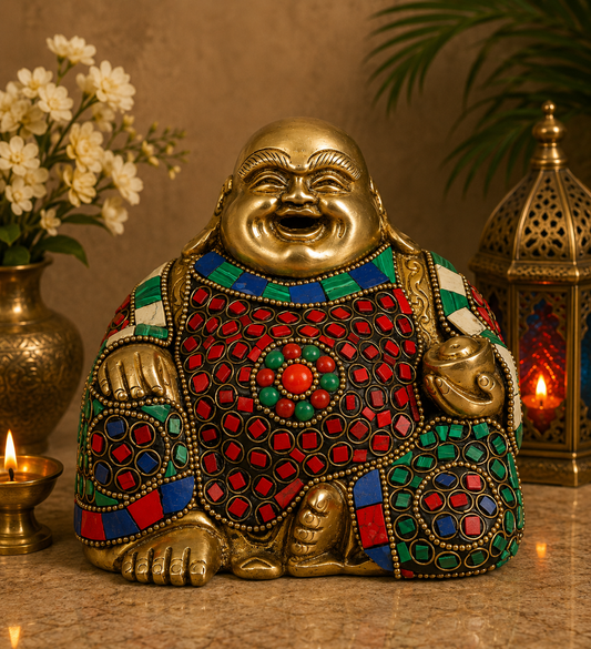 Brassaura® Buddha Idol with Multi-Color Stone Finish | Pure Superfine Brass Handcrafted Murti | Brass Statue for Home Temple, Pooja Room | Height 4 Inches | Weight 1.15 Kgs
