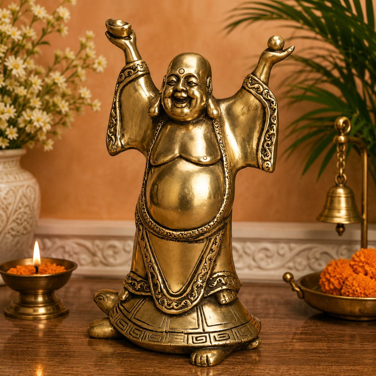 Brassaura® Feng Shui Laughing Buddha Standing on Tortoise with Multi-Color Gem Stone Finish | Pure Superfine Brass Handcrafted Murti | Brass Statue for Home Temple, Pooja Room | Height 9 Inches | Weight 2.4 Kgs
