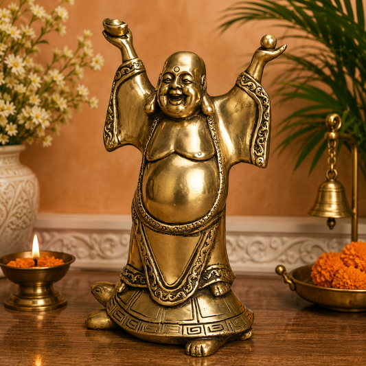 Brassaura® Feng Shui Laughing Buddha Standing on Tortoise with Multi-Color Gem Stone Finish | Pure Superfine Brass Handcrafted Murti | Brass Statue for Home Temple, Pooja Room | Height 9 Inches | Weight 2.4 Kgs