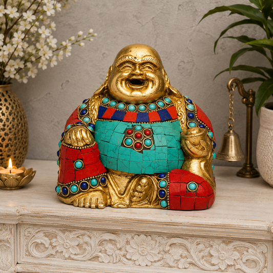 Brassaura® Laughing Buddha Sitting Blessing Idol with Multi-Color Gem Stone Finish | Pure Superfine Brass Handcrafted Murti | Brass Statue for Home Temple, Pooja Room | Height 4.5 Inches | Weight 1.1 Kgs