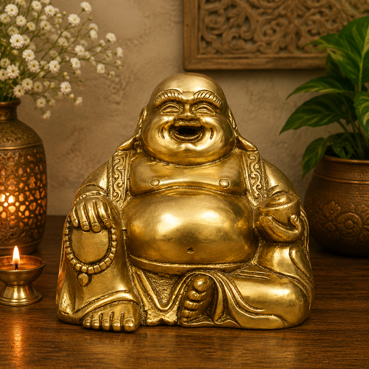 Brassaura® Happy Man Laughing Buddha Sitting Idol with Antique Finish | Pure Superfine Brass Handcrafted Murti | Brass Statue for Home Temple, Pooja Room | Height 4.5 Inches | Weight 1 Kgs