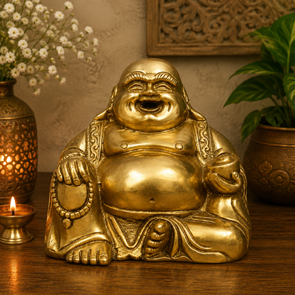 Brassaura® Happy Man Laughing Buddha Sitting Idol with Antique Finish | Pure Superfine Brass Handcrafted Murti | Brass Statue for Home Temple, Pooja Room | Height 4.5 Inches | Weight 1 Kgs
