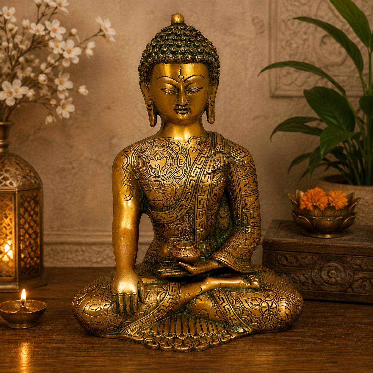 Brassaura® Buddha Sitting Meditation Idol with Antique Gold & Green Patina Finish | Pure Superfine Brass Handcrafted Murti | Brass Statue for Home Temple, Pooja Room | 12 inches height | 6 kg weight