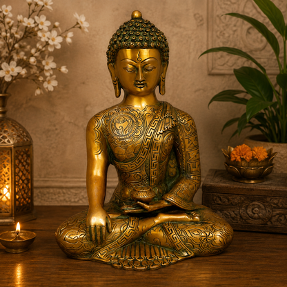 Brassaura® Buddha Sitting Meditation Idol with Antique Gold & Green Patina Finish | Pure Superfine Brass Handcrafted Murti | Brass Statue for Home Temple, Pooja Room | 12 inches height | 6 kg weight