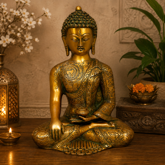 Brassaura® Buddha Sitting Meditation Idol with Antique Gold & Green Patina Finish | Pure Superfine Brass Handcrafted Murti | Brass Statue for Home Temple, Pooja Room | 12 inches height | 6 kg weight