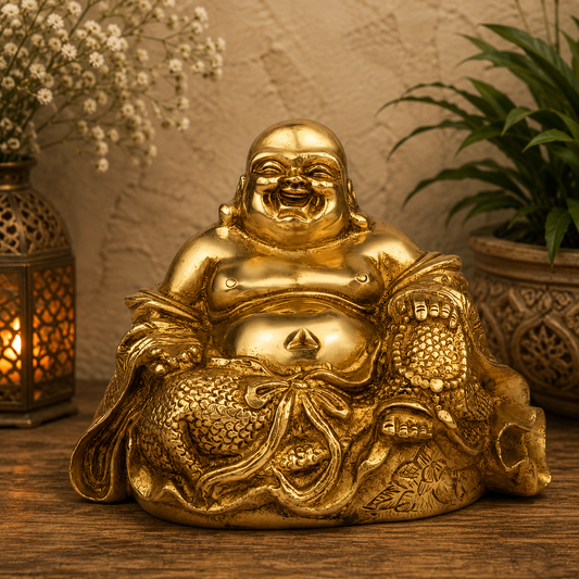 Brassaura® Laughing Buddha Sitting with Fish Idol with Polished Finish | Pure Superfine Brass Handcrafted Murti | Brass Statue for Home Temple, Pooja Room | Height 4 Inches | Weight 1.3 Kgs