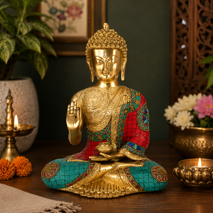 Brassaura® Buddha Sitting in Meditation Idol with Multi-Color Stone Work Finish | Pure Superfine Brass Handcrafted Murti | Brass Statue for Home Temple, Pooja Room | Height 12 Inches | Weight 6 Kgs