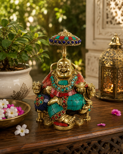 Brassaura® Laughing Buddha Sitting Idol with Multi-Color Stone Work Finish | Pure Superfine Brass Handcrafted Murti | Brass Statue for Home Temple, Pooja Room | Height 6.5 Inches | Weight 2 Kgs