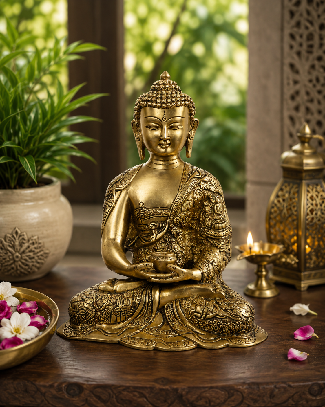 Brassaura® Gautam Buddha Dhyan Mudra Idol with Gold Tone Finish | Pure Superfine Brass Handcrafted Murti | Brass Statue for Home Temple, Pooja Room | Height 4.72 Inches | Weight 5.2 Kgs