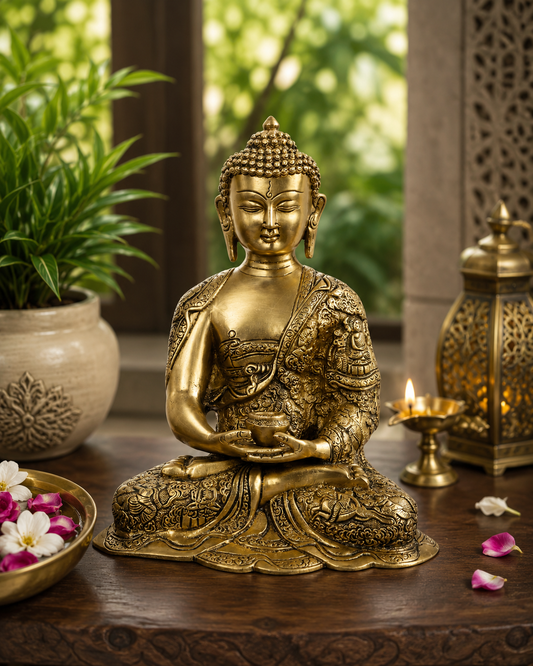 Brassaura® Gautam Buddha Dhyan Mudra Idol with Gold Tone Finish | Pure Superfine Brass Handcrafted Murti | Brass Statue for Home Temple, Pooja Room | Height 4.72 Inches | Weight 5.2 Kgs