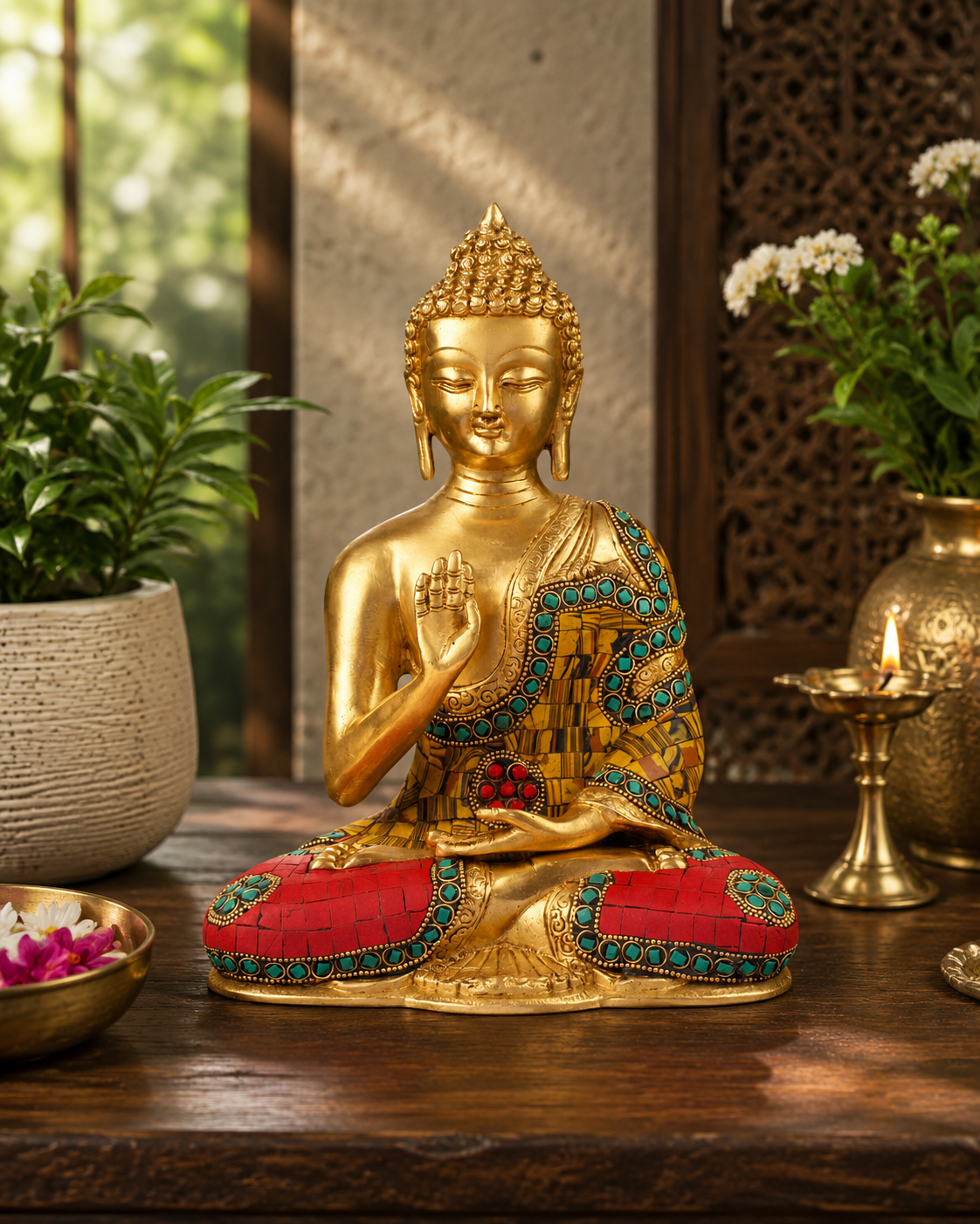 Brassaura® Buddha Sitting in Blessing Mudra Idol with Colourful Stone Work Finish | Pure Superfine Brass Handcrafted Murti | Brass Statue for Home Temple, Pooja Room | Height 10 Inches | Weight 3.6 Kgs