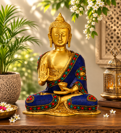 Brassaura® Buddha Sitting in Meditation Idol with Blue Colour and Colourful Stone Work Finish | Pure Superfine Brass Handcrafted Murti | Brass Statue for Home Temple, Pooja Room | Height 8 Inches | Weight 2.3 Kgs