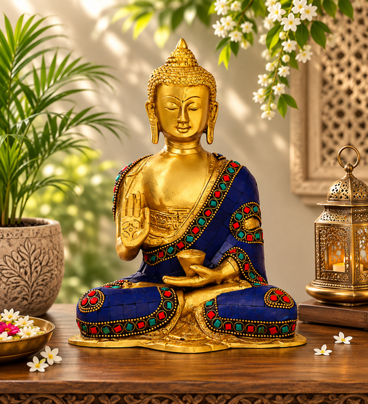 Brassaura® Buddha Sitting in Meditation Idol with Blue Colour and Colourful Stone Work Finish | Pure Superfine Brass Handcrafted Murti | Brass Statue for Home Temple, Pooja Room | Height 8 Inches | Weight 2.3 Kgs