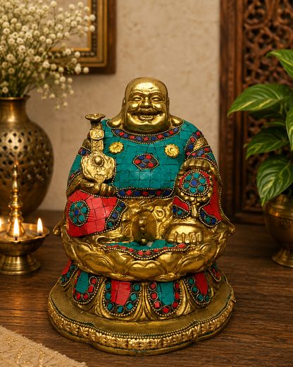 Brassaura® Laughing Buddha Sitting Idol with Multi-Color Gem Stone Finish | Pure Superfine Brass Handcrafted Murti | Brass Statue for Home Temple, Pooja Room | Height 8.3 Inches | Weight 4.6 Kgs