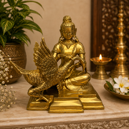 Brassaura® Brass Goddess Saraswati with Peacock Idol | Pure Superfine Brass Handcrafted Murti | Brass Statue for Home Temple, Pooja Room | Height 9 Inches | Weight 4.2 Kgs