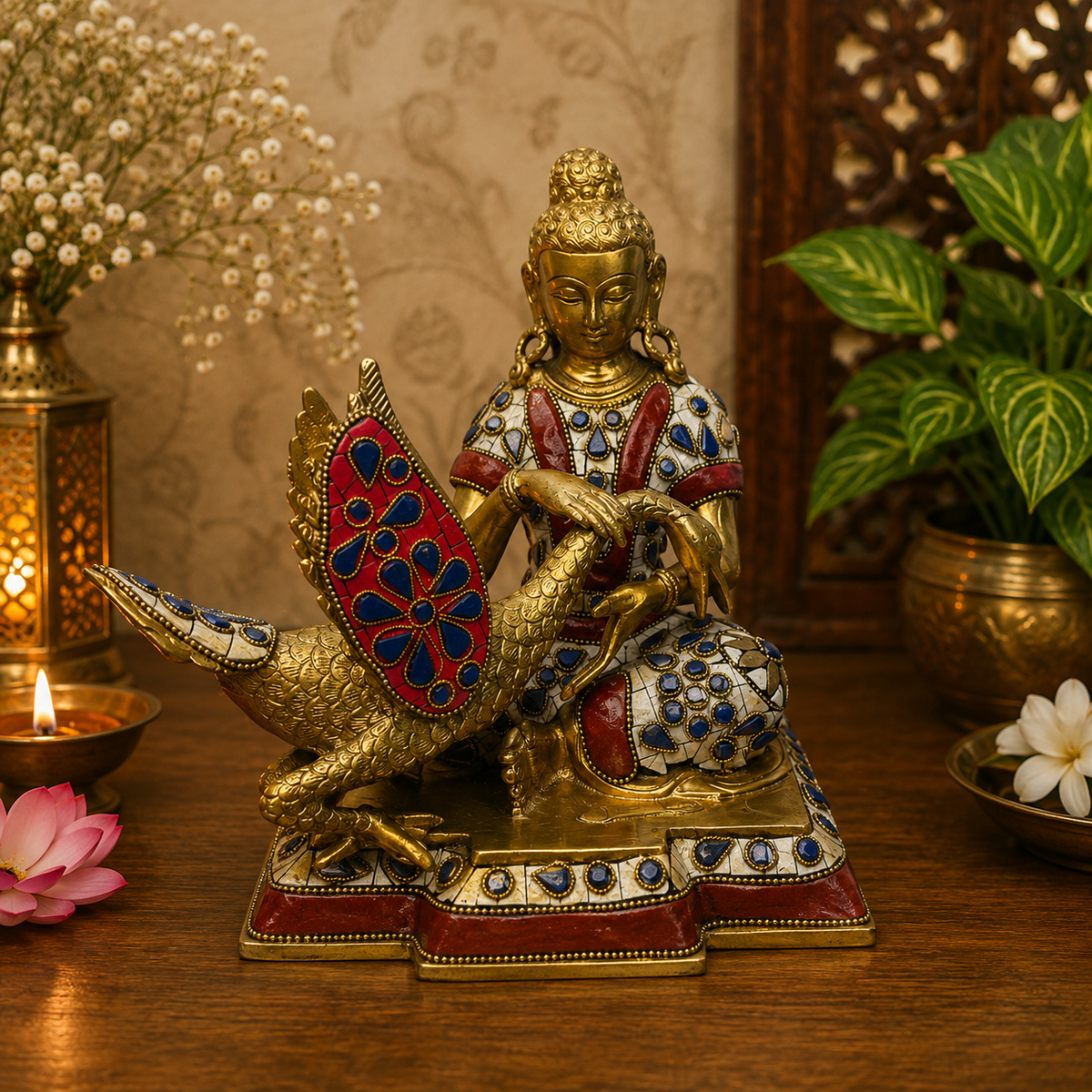 Brassaura® Vitarka Buddha with Swan Idol with Multi-Color Gem Stone Work | Pure Superfine Brass Handcrafted Murti | Brass Statue for Home Temple, Pooja Room | Height 9 Inches | Weight 4.55 Kgs