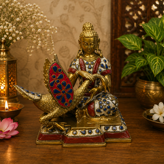 Brassaura® Vitarka Buddha with Swan Idol with Multi-Color Gem Stone Work | Pure Superfine Brass Handcrafted Murti | Brass Statue for Home Temple, Pooja Room | Height 9 Inches | Weight 4.55 Kgs