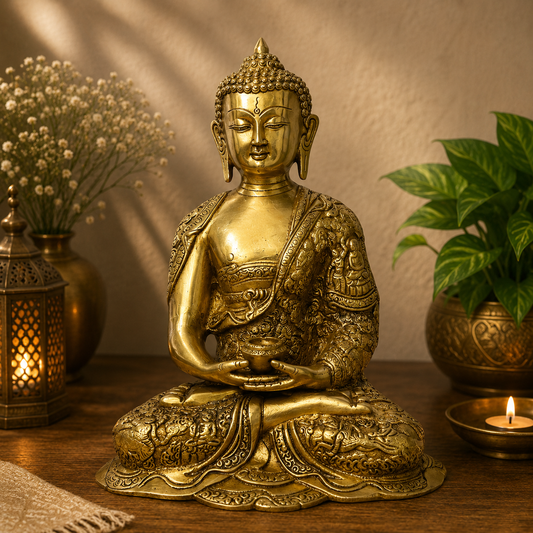 Brassaura® Brass Buddha Vitarka Statue Golden Idol | Pure Superfine Brass Handcrafted Murti | Brass Statue for Home Temple, Pooja Room | Height 12 Inches | Weight 5.2 Kgs
