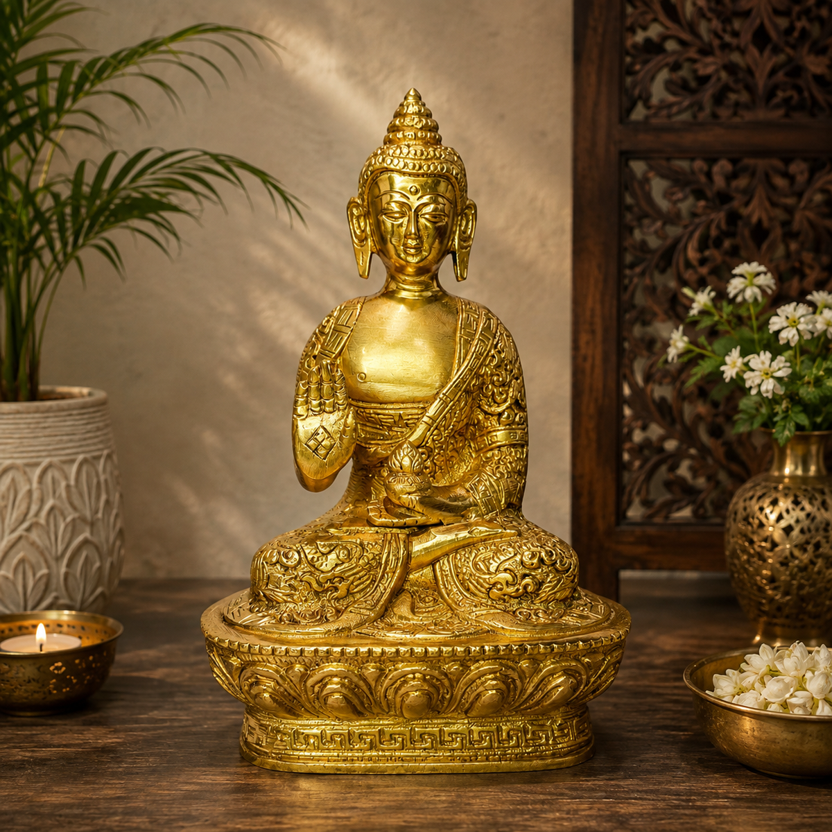 Brassaura® Brass Buddha Idol Handcrafted for Pooja Room | Pure Superfine Brass Handcrafted Murti | Brass Statue for Home Temple, Pooja Room | Height 8 Inches | Weight 1 Kg