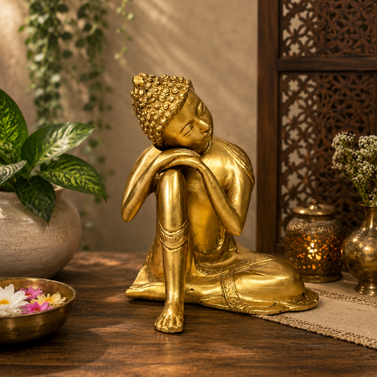 Brassaura® Brass Buddha Resting Pose Sculpture Idol | Pure Superfine Brass Handcrafted Murti | Brass Statue for Home Decor, Temple, Pooja Room | Height 8.6 inches | Weight 2.65 Kg
