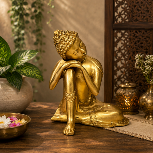 Brassaura® Brass Buddha Resting Pose Sculpture Idol | Pure Superfine Brass Handcrafted Murti | Brass Statue for Home Decor, Temple, Pooja Room | Height 8.6 inches | Weight 2.65 Kg