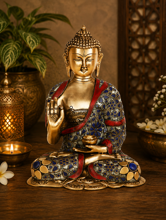 Brassaura® Brass Buddha Vitarka Mudra Idol with Multicolor Gem Stone Work – Pure Superfine Brass Handcrafted Murti, Brass Statue for Home Temple, Pooja Room – 12 Inch, 5.2 Kg