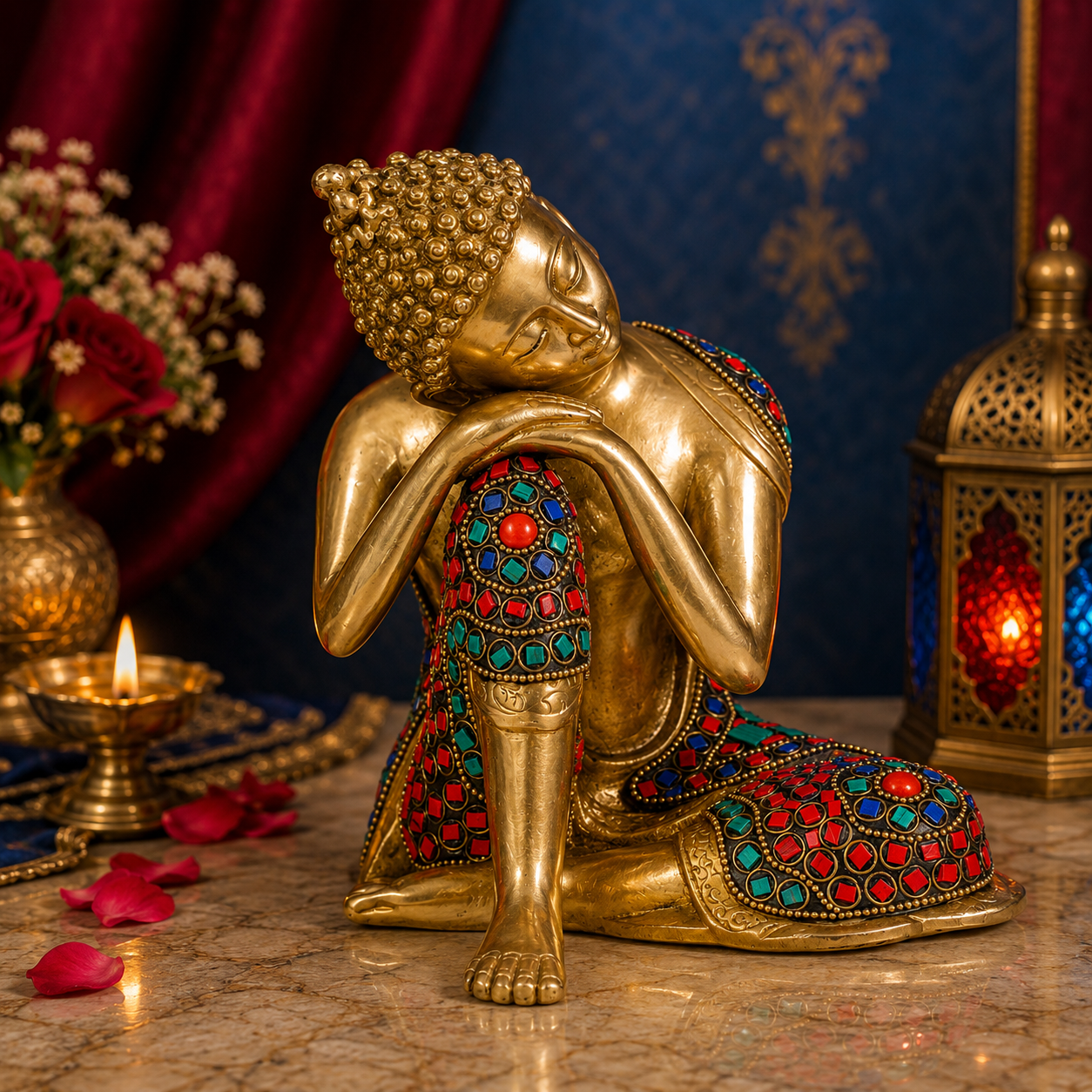 Brassaura® Buddha Seated Idol with Multi-Color Stone Work Finish | Pure Superfine Brass Handcrafted Murti | Brass Statue for Home Temple, Pooja Room | Height 6.7 Inches | Weight 2.65 Kgs