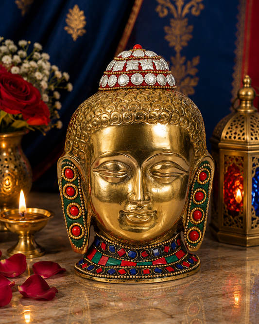 Brassaura® Buddha Sitting Idol with Multi-Color Stone Finish | Pure Superfine Brass Handcrafted Murti | Brass Statue for Home Temple, Pooja Room | Height 5.9 Inches | Weight 1.3 Kgs