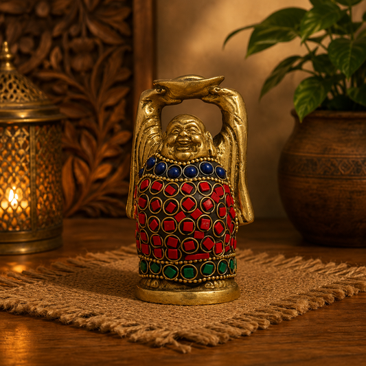 Brassaura® Brass Gem Stone Work Standing Buddha Idol for Home Decor | Pure Superfine Brass Handcrafted Murti | Brass Statue for Home Temple, Pooja Room | Height 3.54 Inches | Weight 0.5 Kg