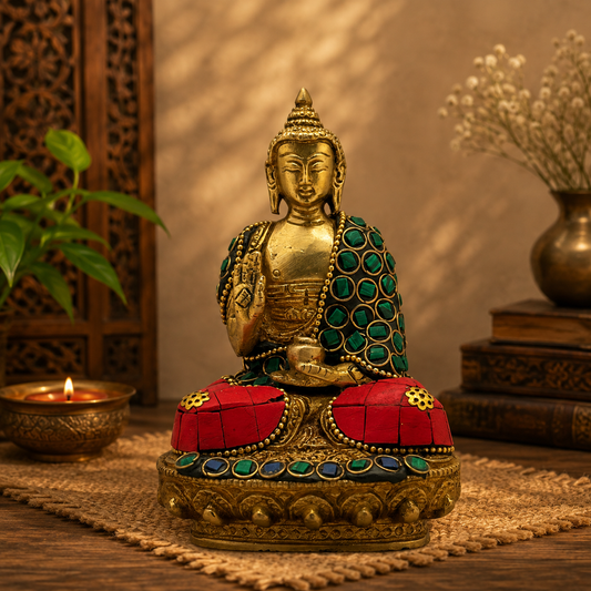 Brassaura® Brass Gem Stone Work Meditative Buddha Idol for Home Decor | Pure Superfine Brass Handcrafted Murti | Brass Statue for Home Temple, Pooja Room | Height 4.72 Inches | Weight 0.7 Kg