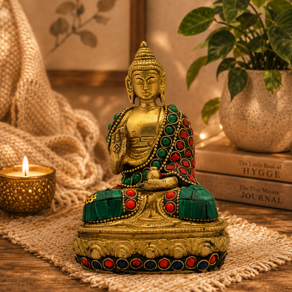 Brassaura® Brass Gem Stone Work Meditative Buddha Idol for Home Decor | Pure Superfine Brass Handcrafted Murti | Brass Statue for Home Temple, Pooja Room | Height 5.12 Inches | Weight 0.8 Kg