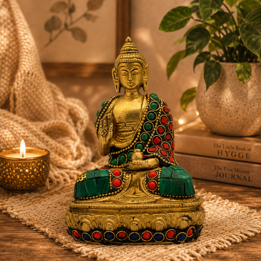 Brassaura® Brass Gem Stone Work Meditative Buddha Idol for Home Decor | Pure Superfine Brass Handcrafted Murti | Brass Statue for Home Temple, Pooja Room | Height 5.12 Inches | Weight 0.8 Kg