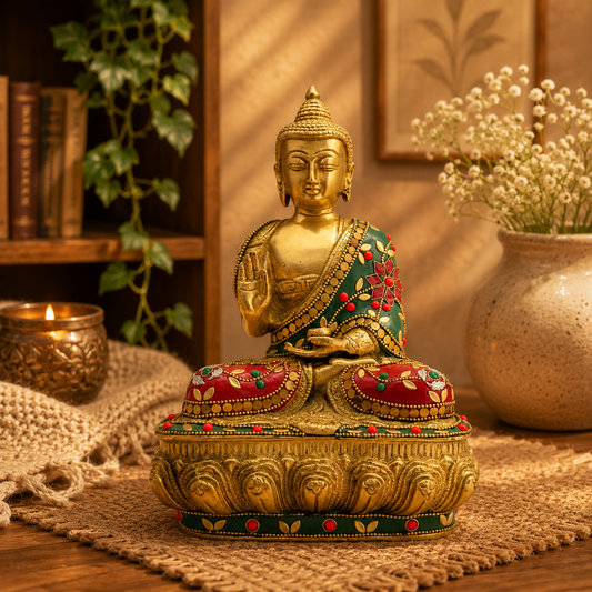 Brassaura® Brass Gem Stone Work Meditative Buddha Idol for Home Decor | Pure Superfine Brass Handcrafted Murti | Brass Statue for Home Temple, Pooja Room | Height 9.84 Inches | Weight 3.6 Kg